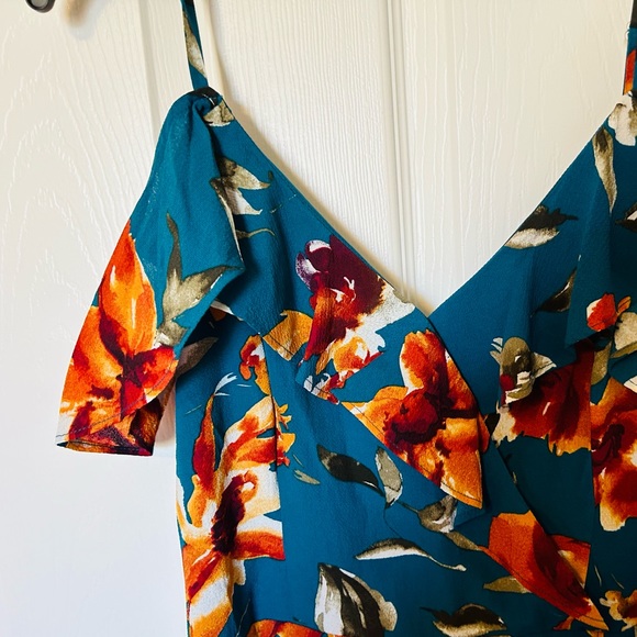 Teal Floral Print Off Shoulder Cinch Waist Flowing Dress - Picture 3 of 8